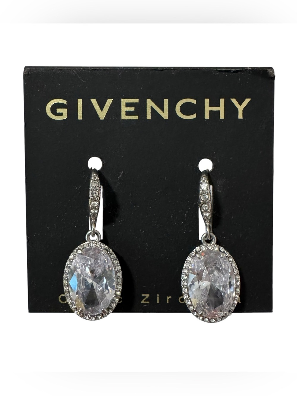 Givenchy Silver Tone Zironia Oval Drop 1-1/4” Signed Earrings Cubic